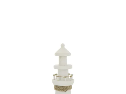 Decoratie Tumand witte vuurtoren van MDF met touwdetails en nautische uitstraling