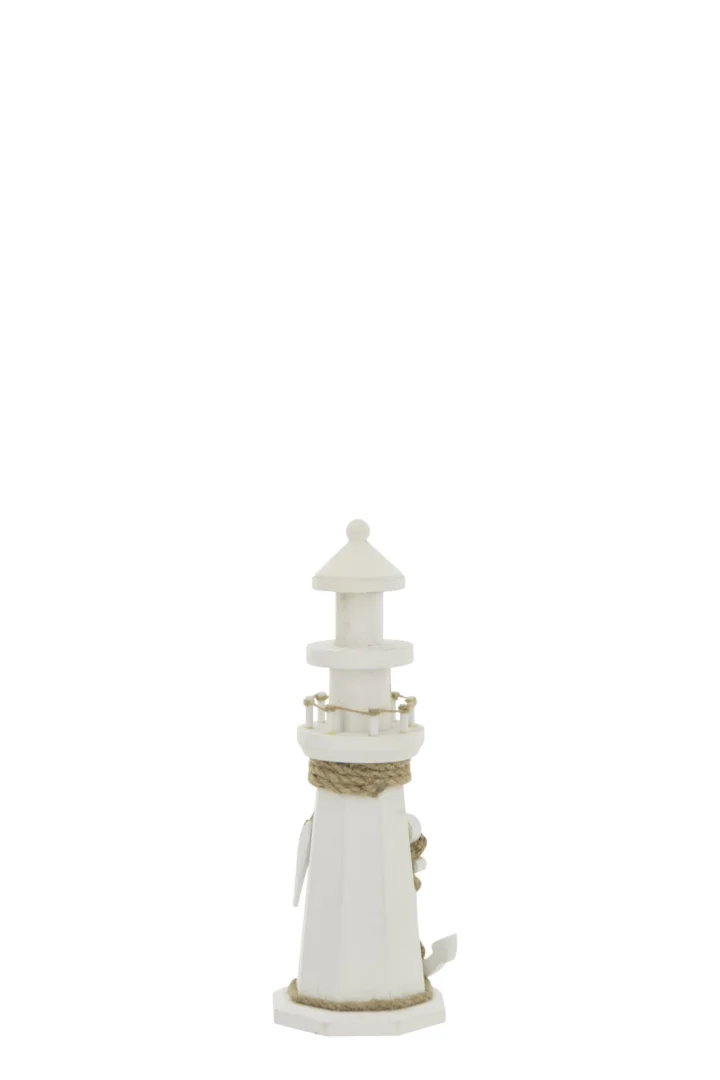 Decoratie Tumand witte vuurtoren van MDF met touwdetails en nautische uitstraling