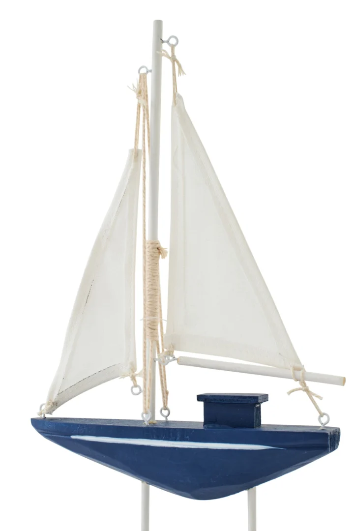 Blauw modelschip Ceirdund met witte zeilen, compact houten decoratiezeilbootje voor interieur