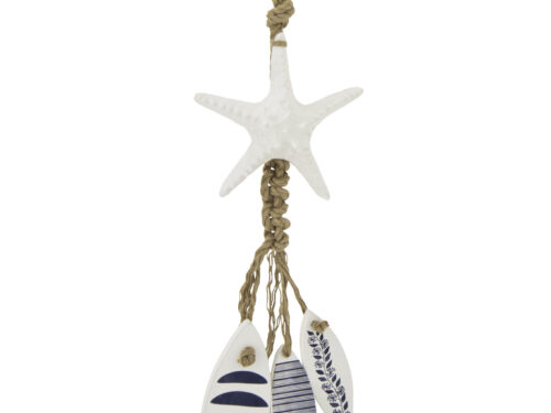 Blauwe Reeskino wanddecoratie van MDF met touw en hars, 86 cm hoog, met zeester en vissen