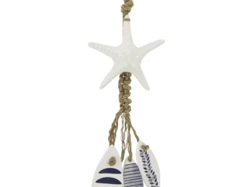 Blauwe Reeskino wanddecoratie van MDF met touw en hars, 86 cm hoog, met zeester en vissen