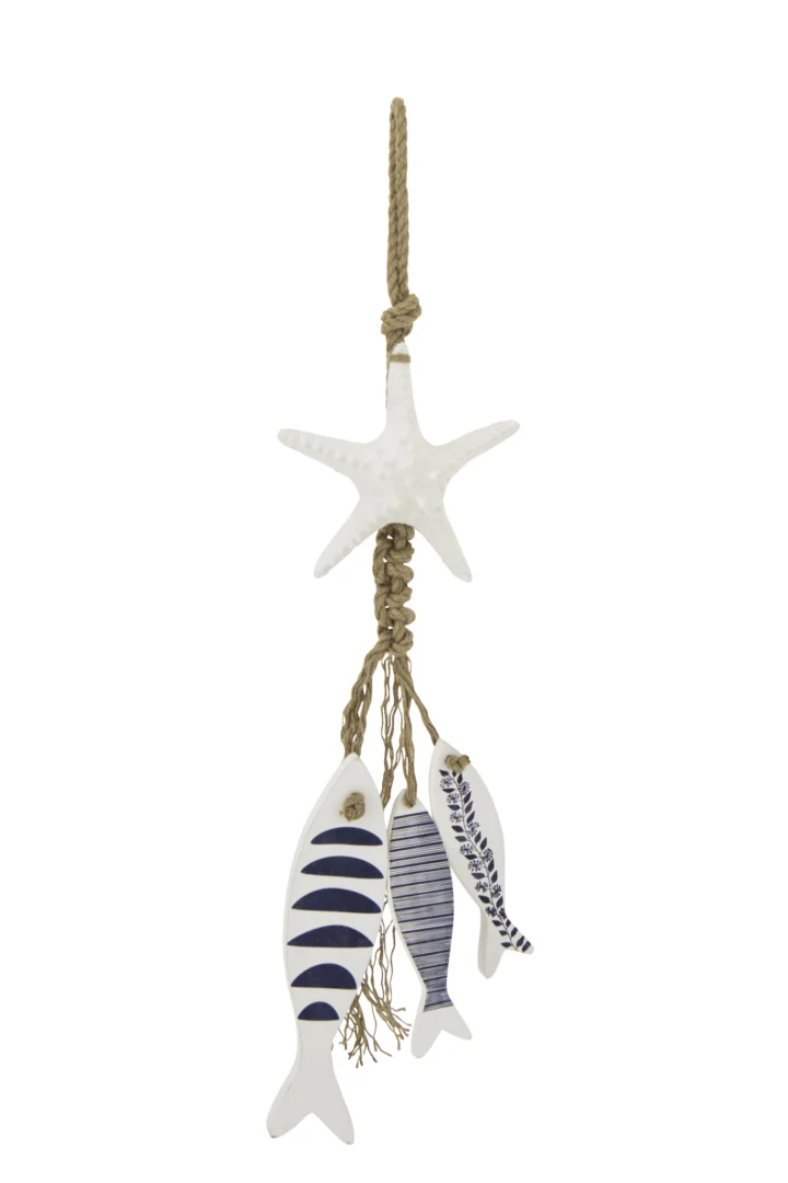 Blauwe Reeskino wanddecoratie van MDF met touw en hars, 86 cm hoog, met zeester en vissen