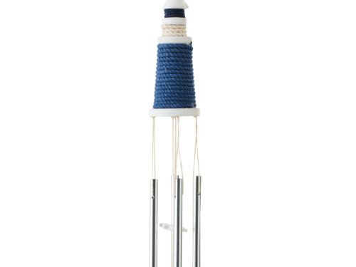 Vaannello blauw-witte windgong in vuurtorenstijl met MDF, touw, metaal, bamboe en sterhanger