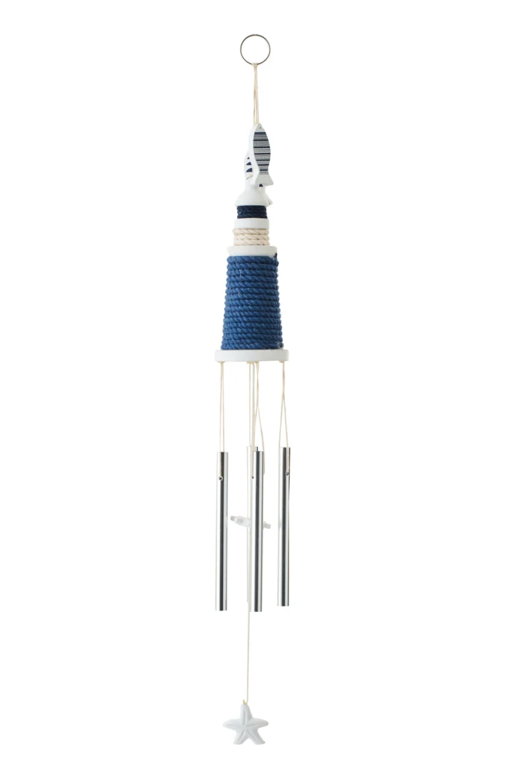 Vaannello blauw-witte windgong in vuurtorenstijl met MDF, touw, metaal, bamboe en sterhanger