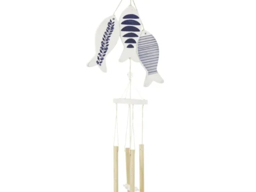 Zaaden windgong met drie vismotieven in blauw-wit, MDF en hout, 67 cm hoog