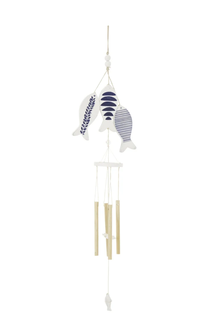 Zaaden windgong met drie vismotieven in blauw-wit, MDF en hout, 67 cm hoog