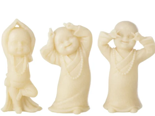 Beeld Trulvis monnikenset van 3 polyresin figuren in groen, decoratief en compact voor woonaccessoires