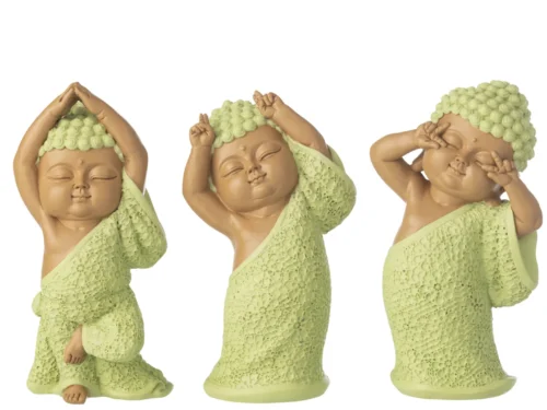 Beeld Preirnal polyresin groen set van 3: drie decoratieve boeddhabeeldjes met bloemmotief en rustige uitstraling