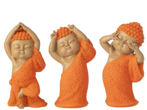 Beeld Tuvis polyresin oranje set van 3 Monk-figuren, 20 cm hoog, speelse woondecoratie