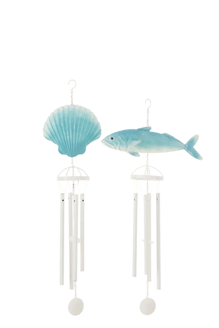 Skultek decoratiefiguren met blauwe schelp en vis, windgong set van 2, H67,3 cm