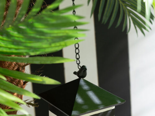 Vogelhuisje Staki Hout Zwart met zwart-witte strepen en hangketting tussen groen blad