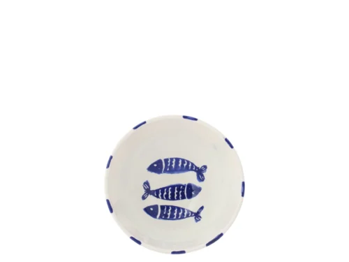 Kom Zielora keramiek blauw met vismotief en gestreepte rand, ronde decoratieve kom voor op tafel