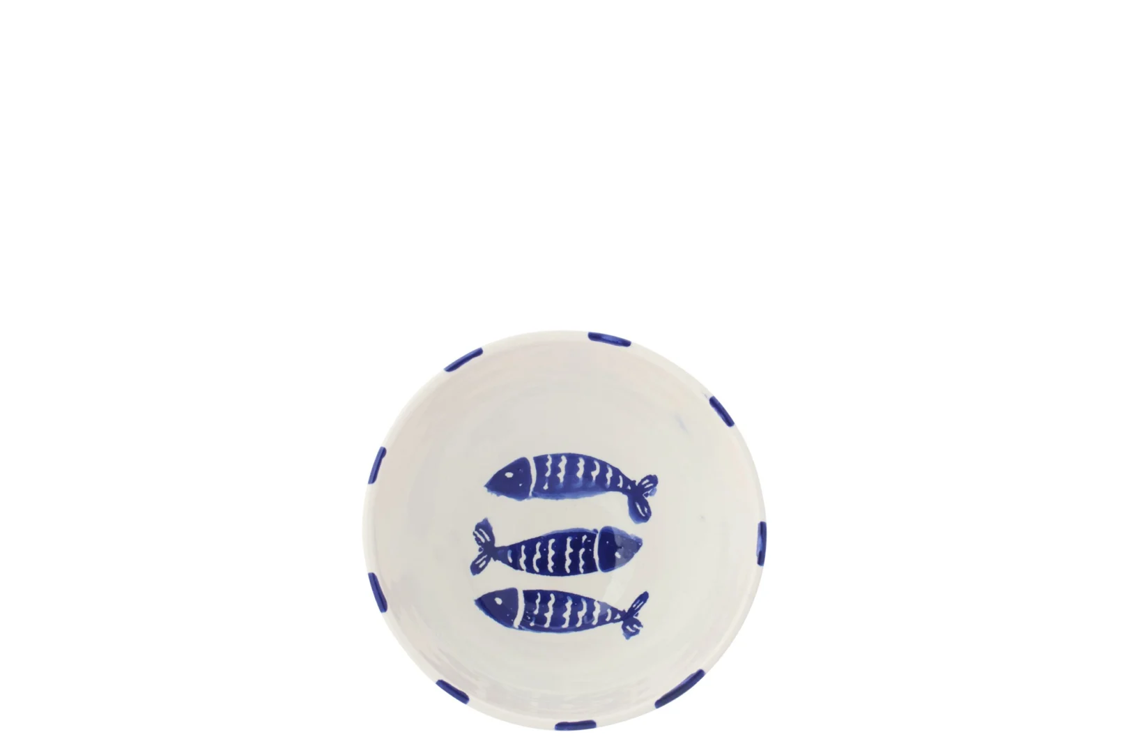 Kom Zielora keramiek blauw met vismotief en gestreepte rand, ronde decoratieve kom voor op tafel
