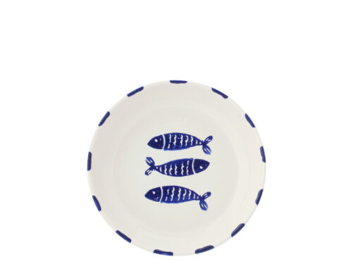 Visbord Rildang keramiek blauw met vismotief en donkerblauwe rand, diep bord met 3 vissen