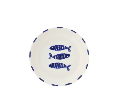 Visbord Rildang keramiek blauw met vismotief en donkerblauwe rand, diep bord met 3 vissen