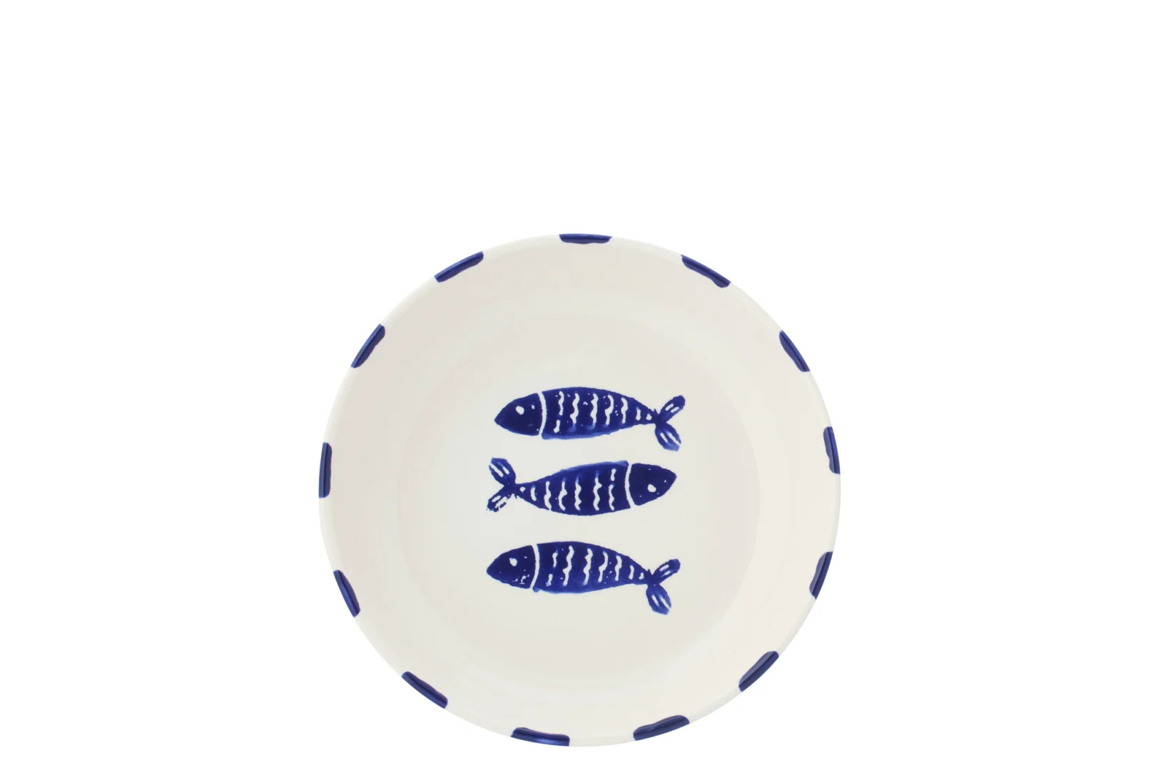 Visbord Rildang keramiek blauw met vismotief en donkerblauwe rand, diep bord met 3 vissen