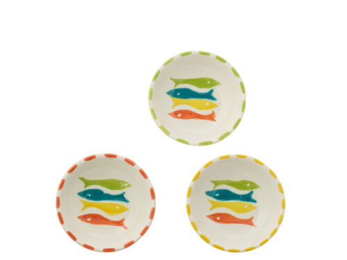 Kom Tommand keramiek meerkleurig set van 3 met visdecor in groen, blauw, geel en oranje