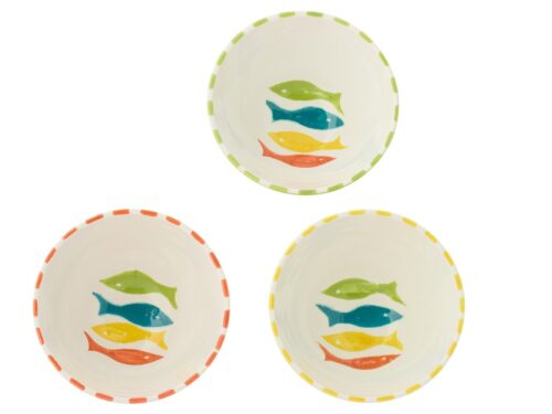 Kom Fienaro keramiek set van 3 met meerkleurig vismotief en gekleurde rand, decoratief en praktisch