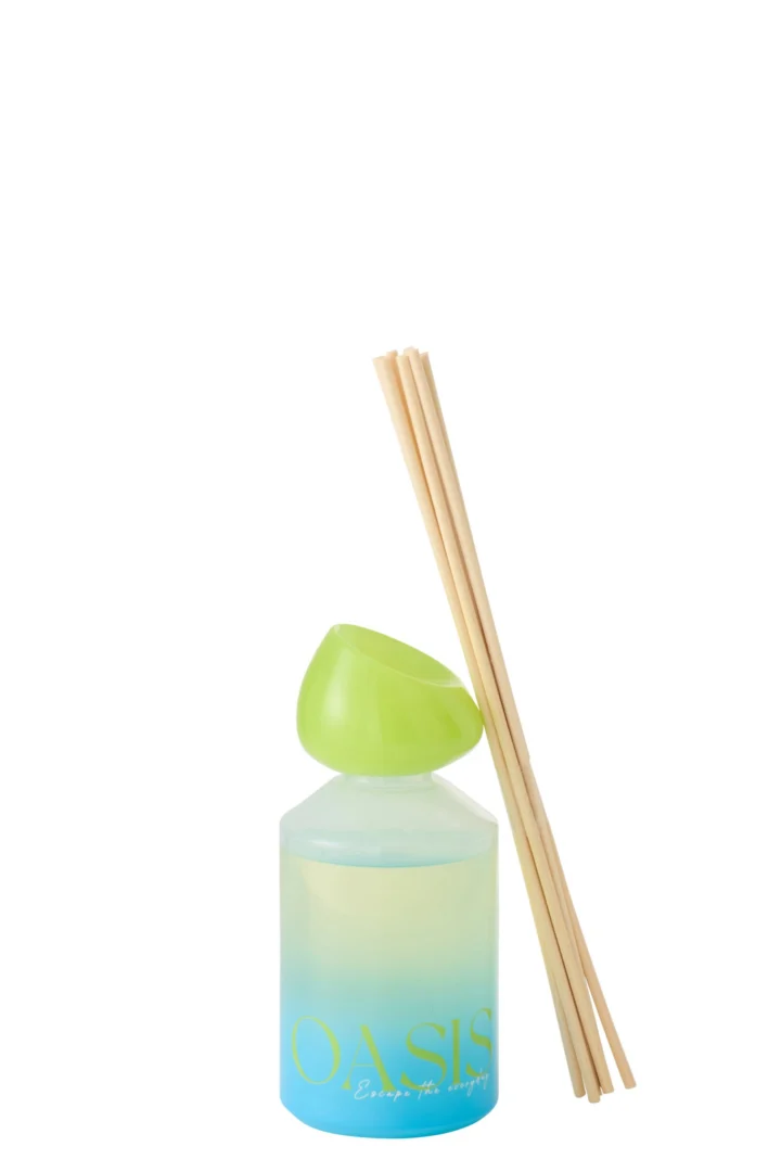 Geurstokjes Skeimmang Blauw met glazen flacon, lime dop en houten stokjes voor een frisse, rustige sfeer