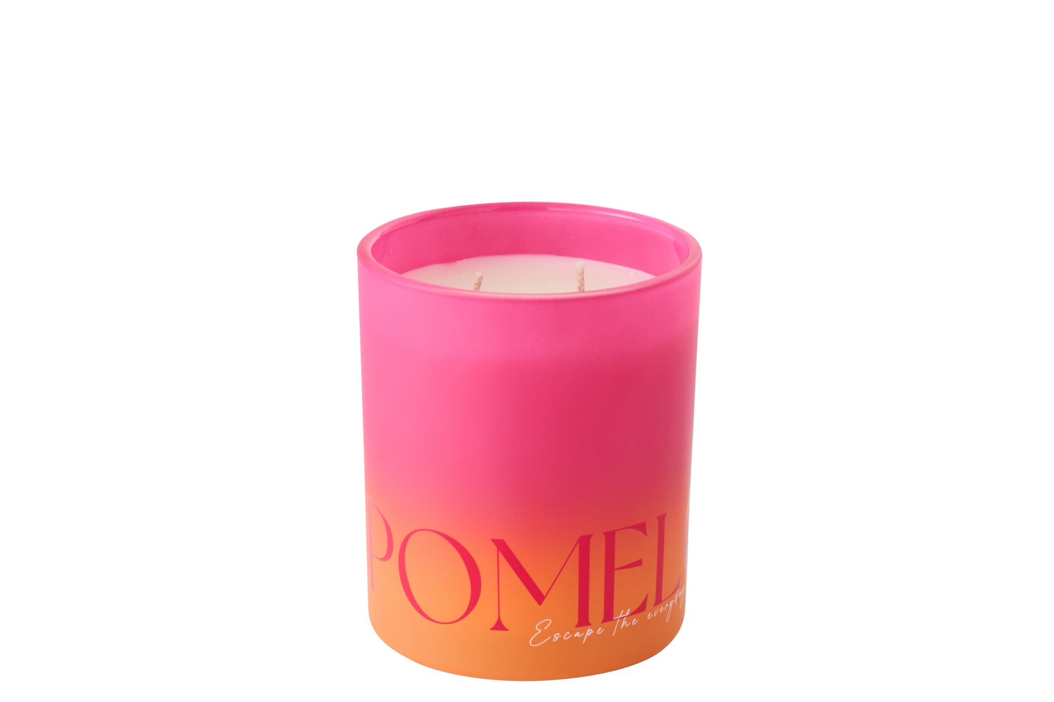 Geurkaars Jormun Oranje met roze-oranje glazen pot en frisse zomergeur, twee lonten, sfeervol voor interieur