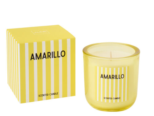 Gele Geurkaars Cimak in glazen houder met AMARILLO verpakking, frisse citrusgeur