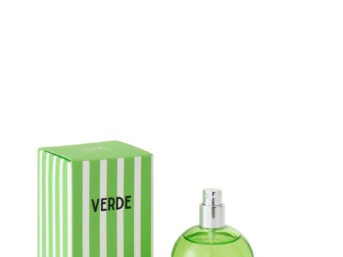 Geurolie Veral Groen in groene sprayfles met striped doos en witte dop, frisse woongeur voor in huis