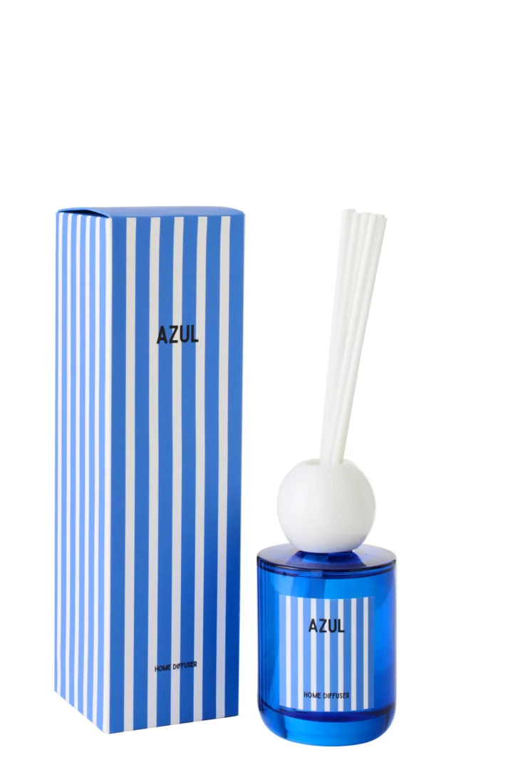 Geurstokjes Faunsas Blauw in blauwe fles met witte stokjes en gestreepte verpakking, stijlvol en fris