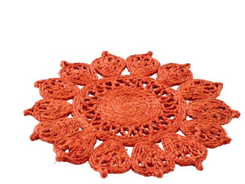 Placemat Slisker oranje jute, rond gevlochten met bloemvorm en open structuur