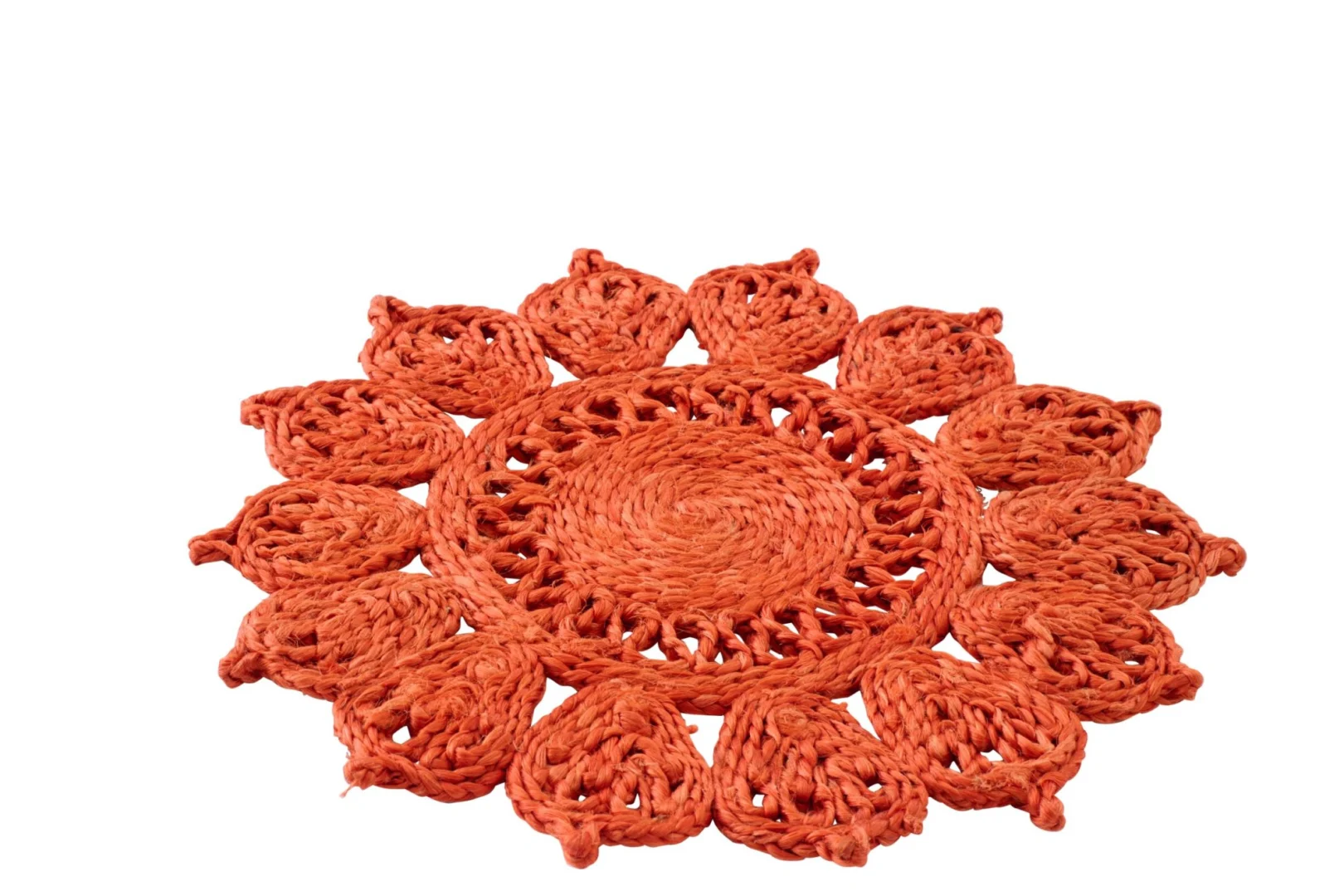 Placemat Slisker oranje jute, rond gevlochten met bloemvorm en open structuur