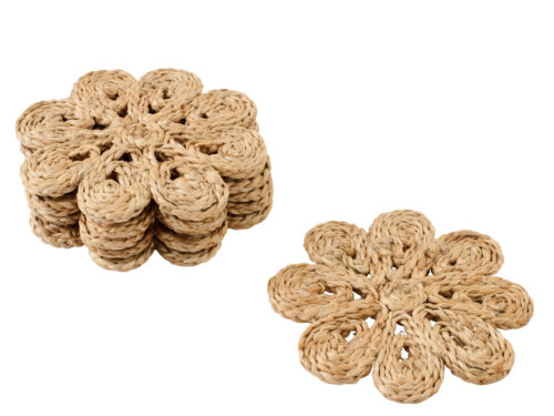 Onderzetter Zardesta jute naturel set van 6 met bloemmotief, handgevlochten en decoratief voor een warme tafelstijl