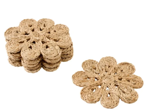 Onderzetter Zardesta jute naturel set van 6 met bloemmotief, handgevlochten en decoratief voor een warme tafelstijl