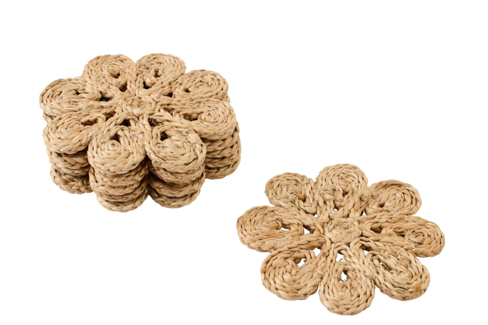 Onderzetter Zardesta jute naturel set van 6 met bloemmotief, handgevlochten en decoratief voor een warme tafelstijl