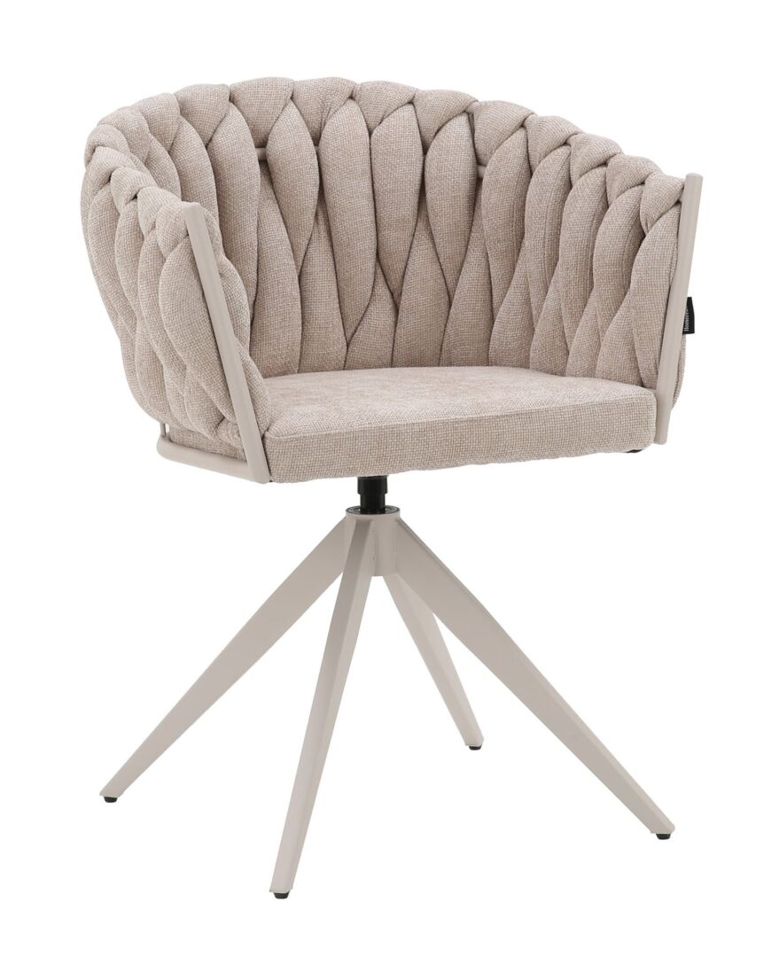 Eetkamerstoel Teiber beige met zachte stof, armleuningen en metalen draaionderstel in beige poedercoating