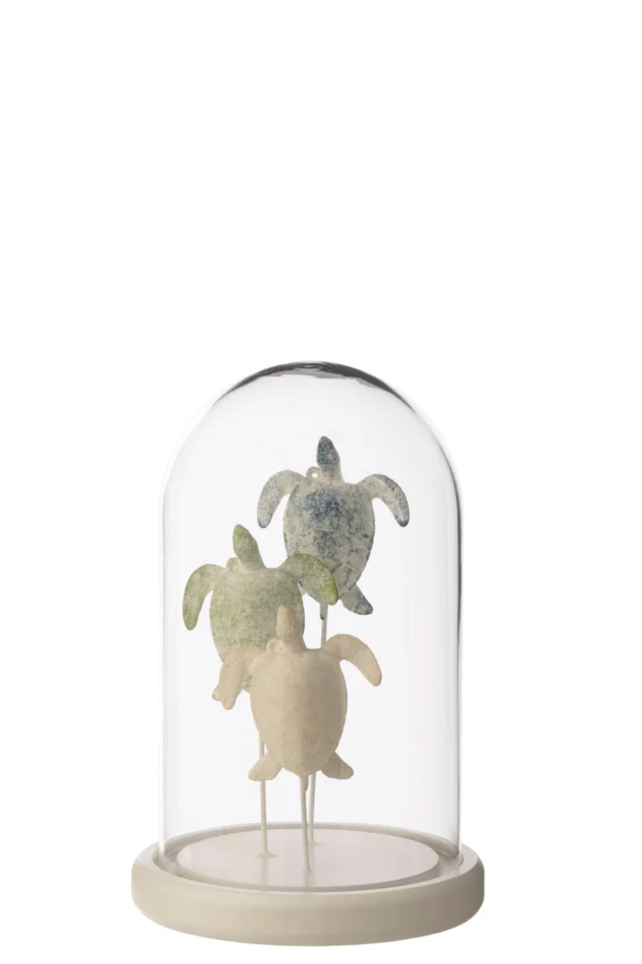 Decoratiefiguur Fillane met drie meerkleurige glazen zeeschildpadden onder stolp, 22 cm hoog
