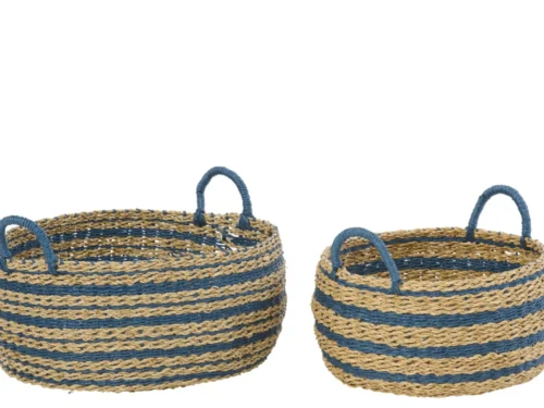 Mand Cunek Papier Naturel set van 2 opbergmanden met natuurlijke strepen en handgrepen, in blauw en naturel
