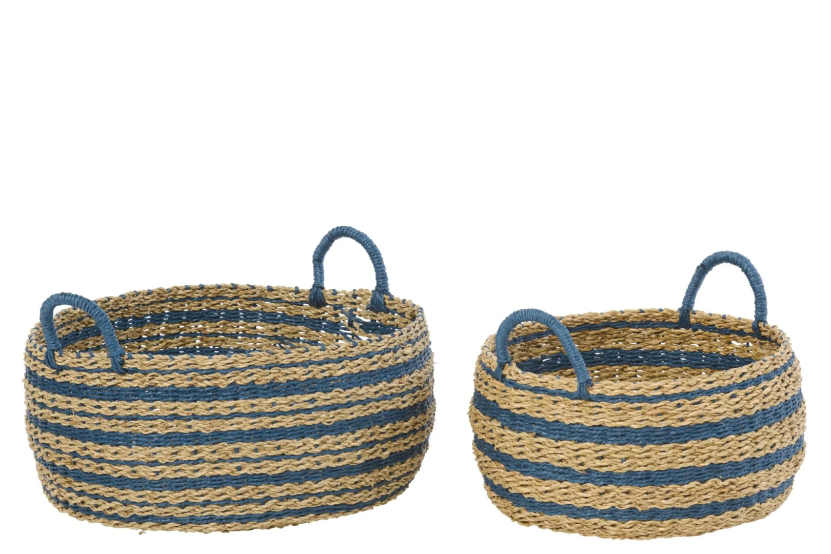 Mand Cunek Papier Naturel set van 2 opbergmanden met natuurlijke strepen en handgrepen, in blauw en naturel
