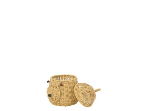 Mand Beevas kunststof naturel met deksel en poten, compact gevlochten opbergmand in warm beige tint