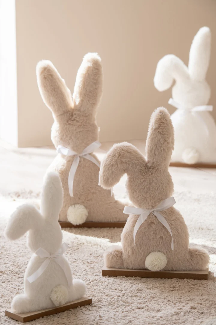 Jeessar decoratiefiguren set van 2 witte konijnen van polyester met MDF, 23 cm hoog en met lintdetail