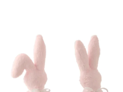 Decoratiefiguur Boolane roze konijntjes, set van 2, H39 cm, zacht polyester met strik op houten voetstuk