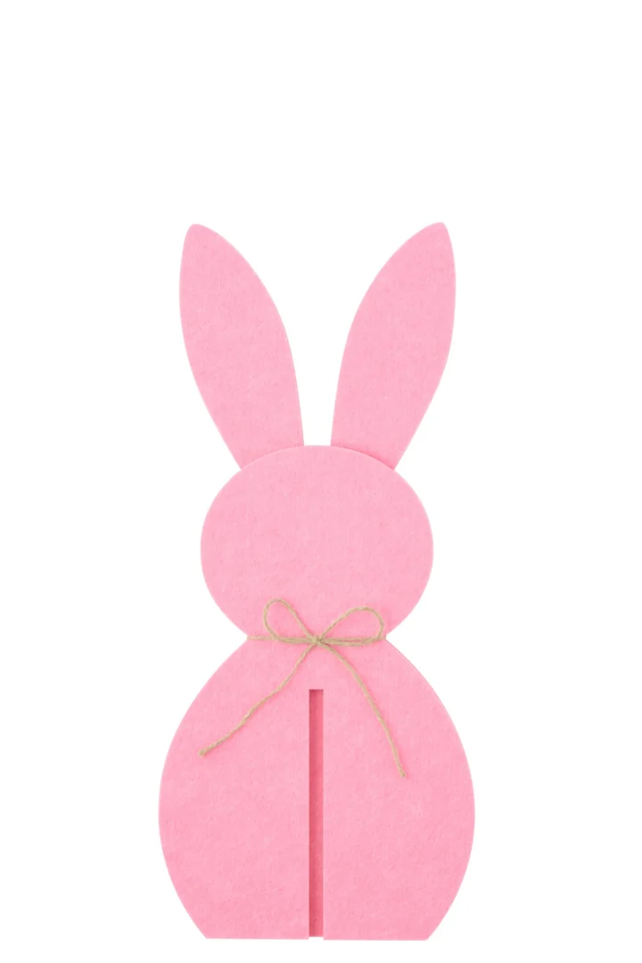 Roze vilten konijn Graundak decoratiefiguur met hoge slanke vorm en strikdetail, H48 cm
