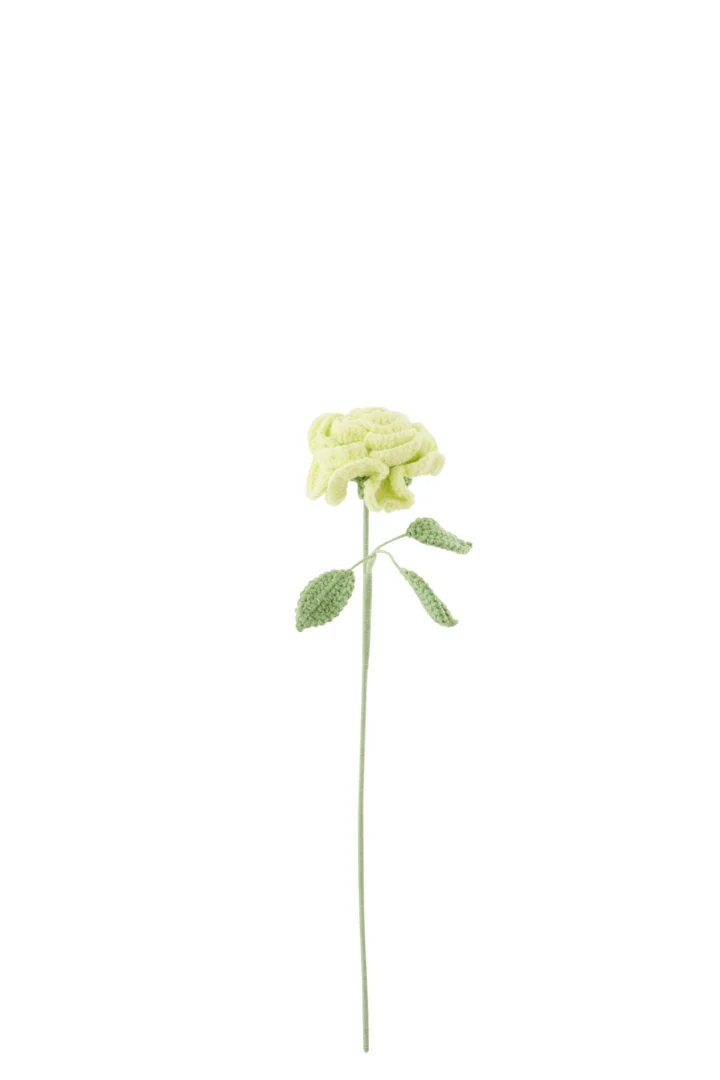 Kunstbloem Kludang groen met gehaakte roos en slank steel, speels en zacht voor het interieur