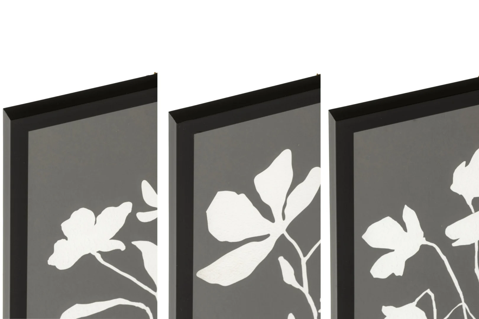 Prollesta set van 3 zwarte ingelijste bloemprints met wit-op-grijs bloemenmotief en strakke polystyreen lijst