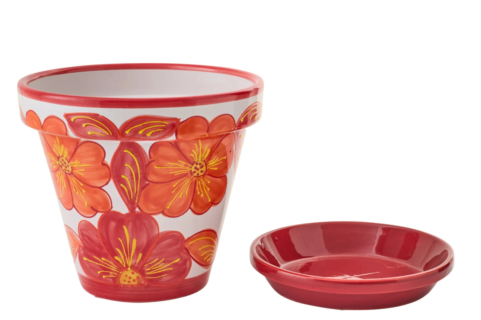 Bloempot Griennas keramiek oranje met bloemprint en bijpassende schotel, H33 cm