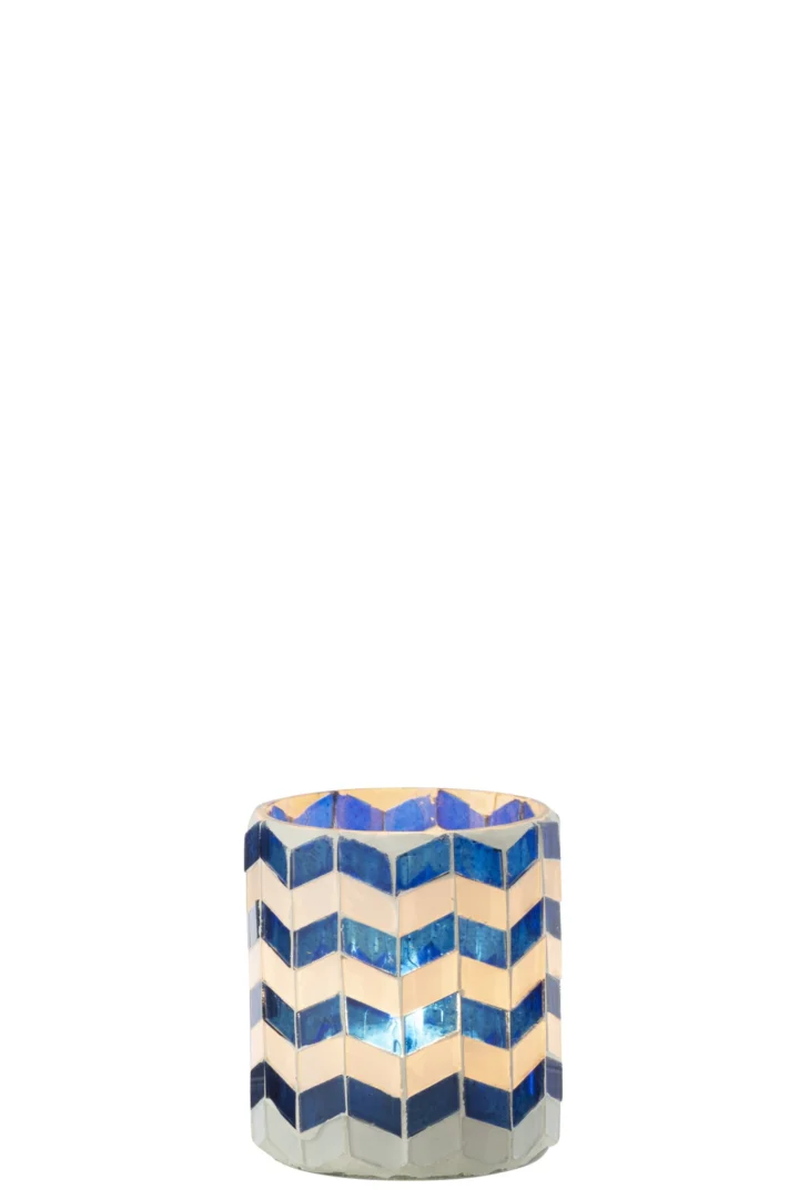 Kaarsenhouder Diedoro van blauw glas met chevronpatroon en compacte, elegante vorm