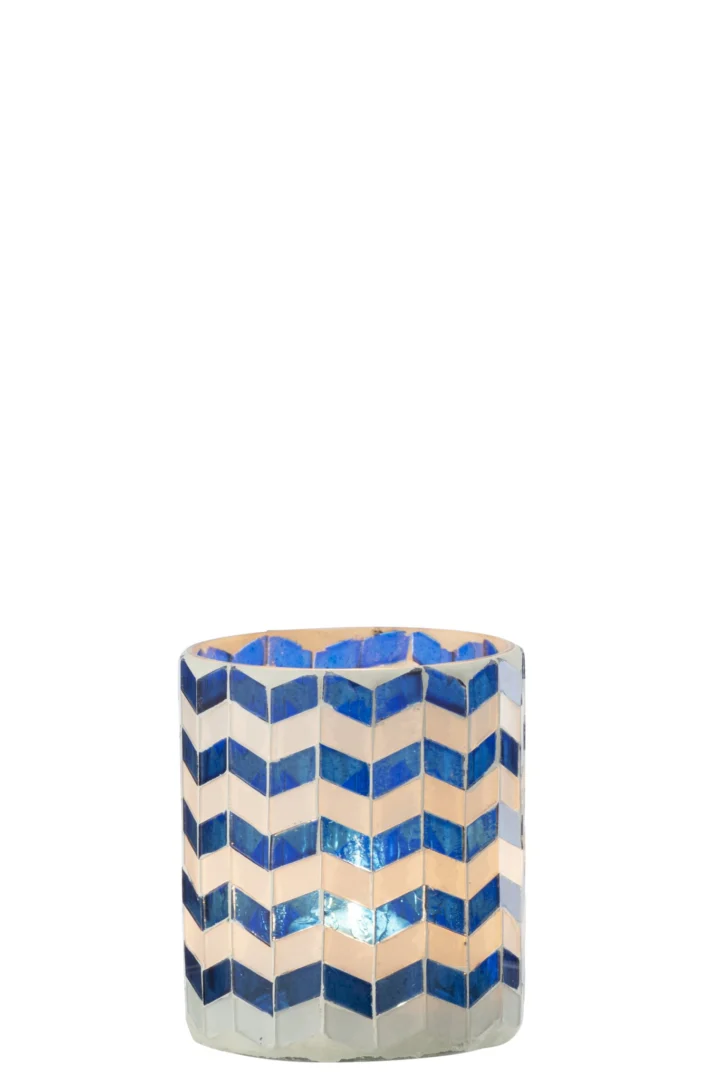 Kaarsenhouder Caurnano van blauw glas met mozaïekpatroon en compact cilindervormig design
