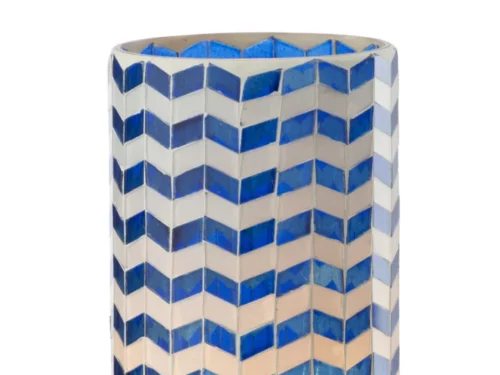 Kandelaar Bronnen van blauw glas met chevronpatroon, slank en stijlvol, H18 cm