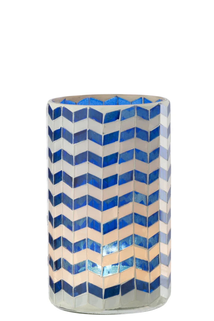 Kandelaar Bronnen van blauw glas met chevronpatroon, slank en stijlvol, H18 cm