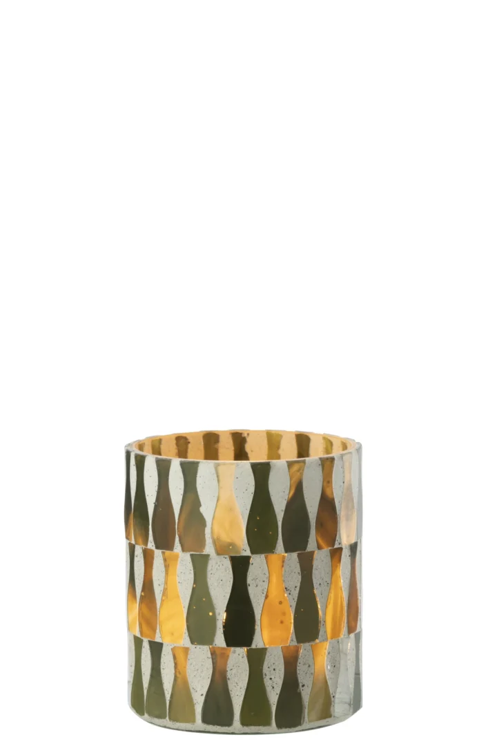 Flosses glazen kandelaar groen, 10 cm, met mozaïekpatroon en warme metallic accenten