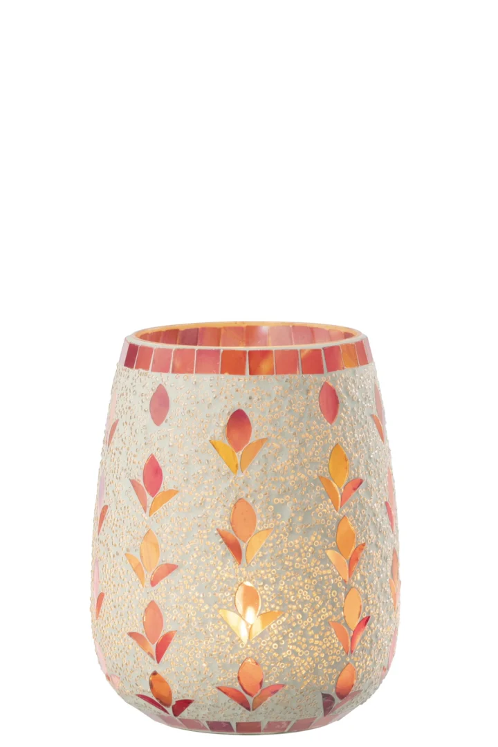Kaarsenhouder Teetane wit glas met bloemmotief, warme oranje-roze accenten en compacte vorm