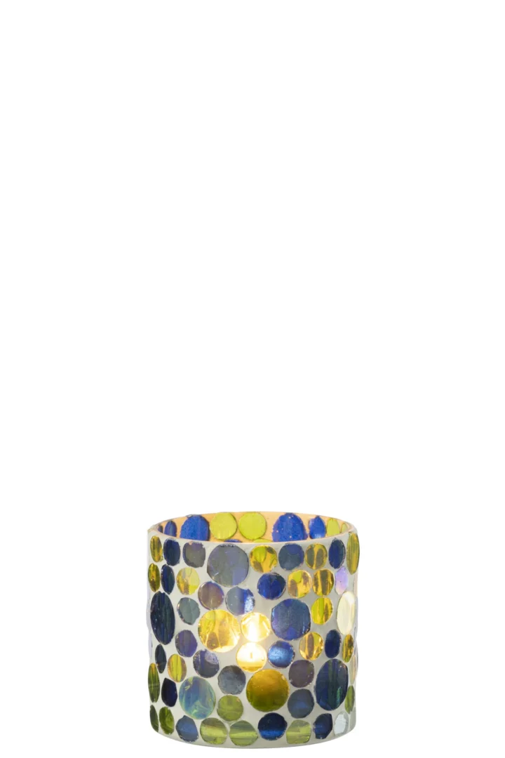 Kandelaar Kievi Glas Blauw met kleurrijke stippen, compact en elegant voor sfeervolle kaarsverlichting